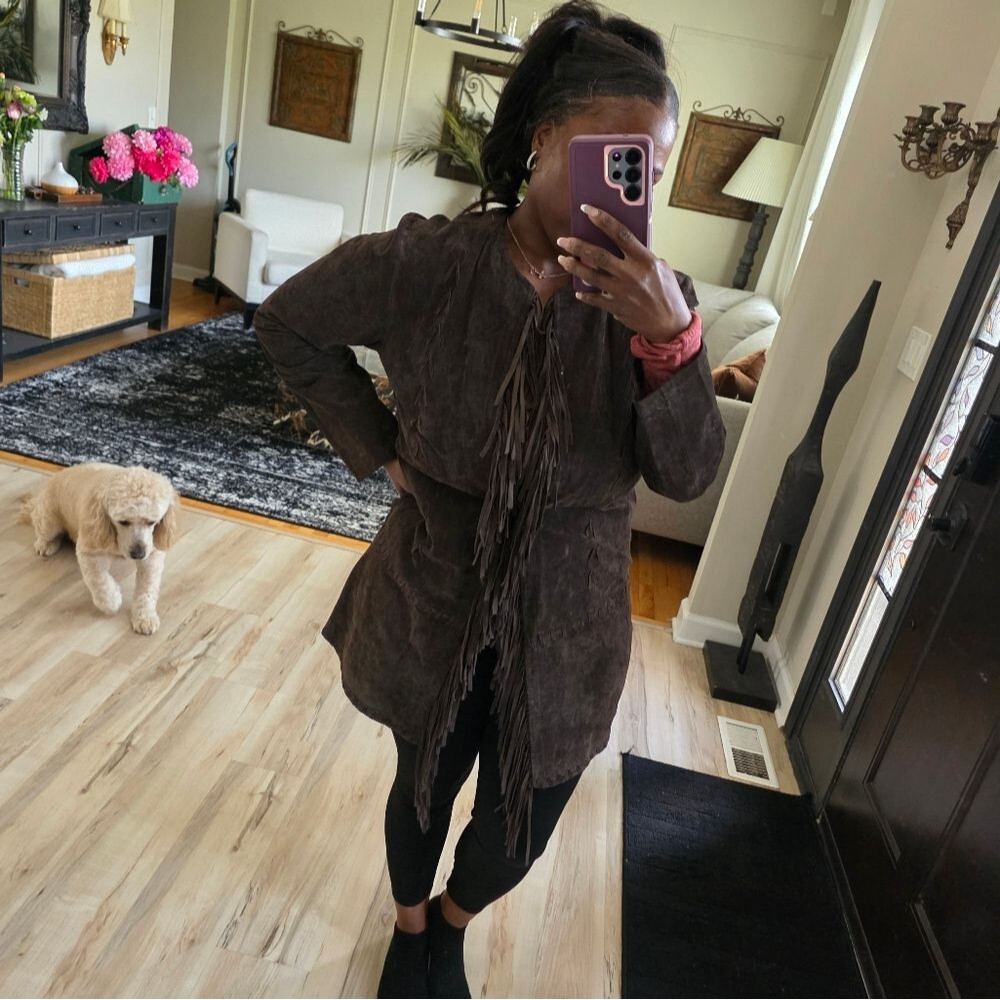 CHICOS DESIGN SUEDE Leather FRINGE Brown Single Hook Closure Jacket SIZE 1 US M - Picture 11 of 13